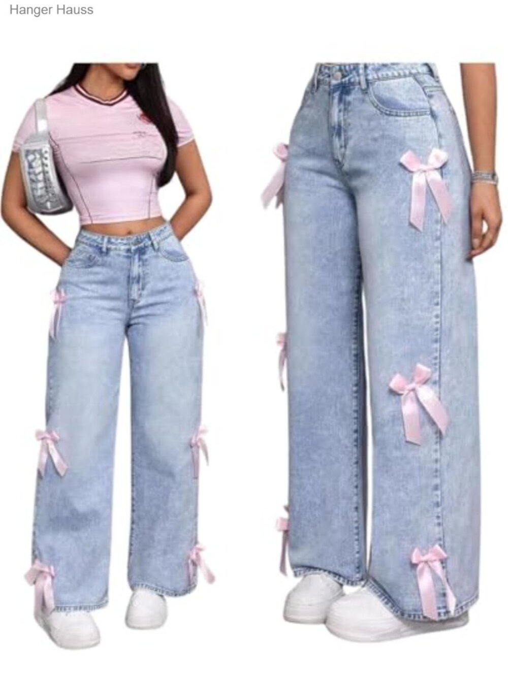 High Waisted Baggy Wide Leg Jeans with Bow Detail